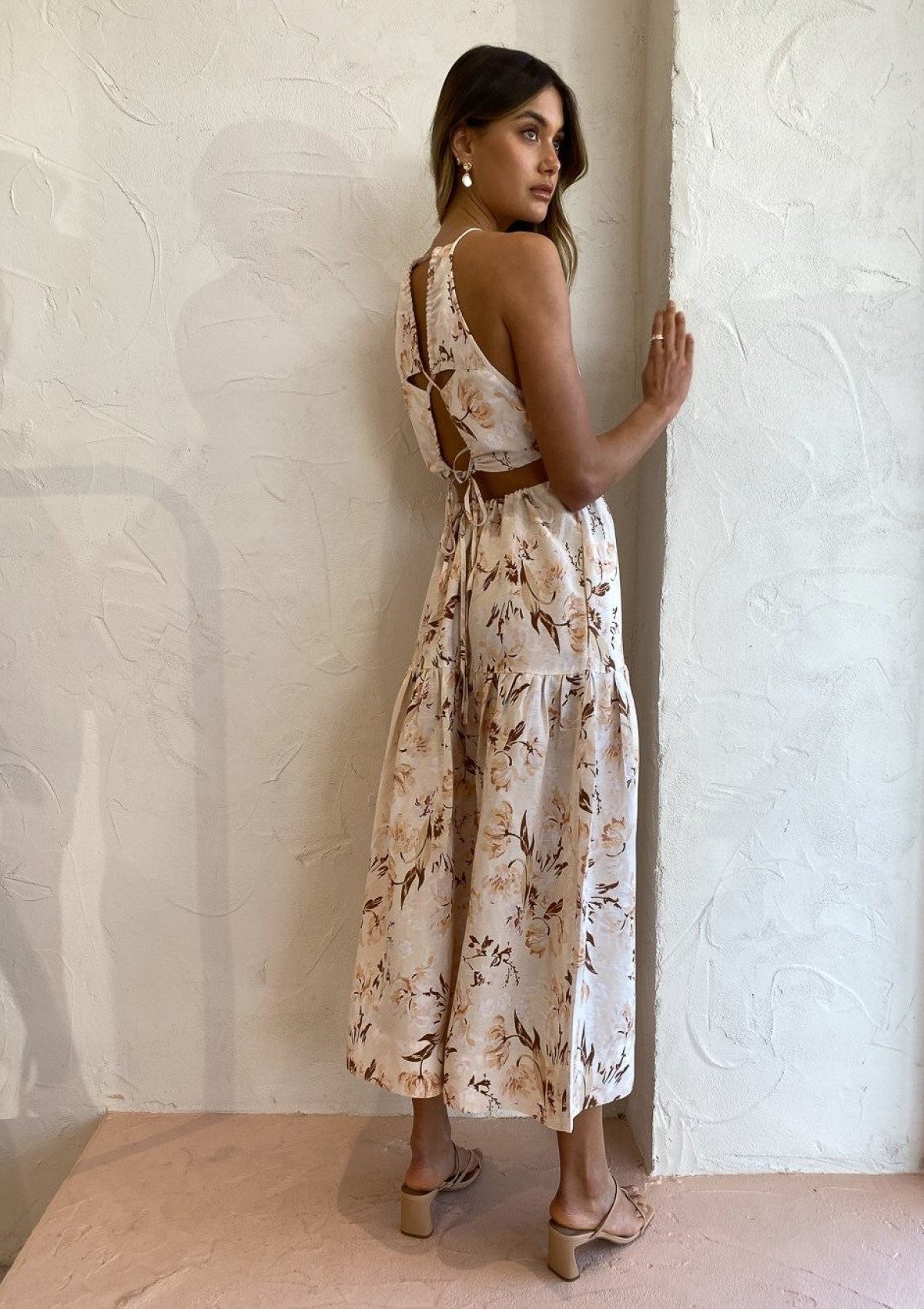 Roxanne Linen Open Back Tiered Midi Dress