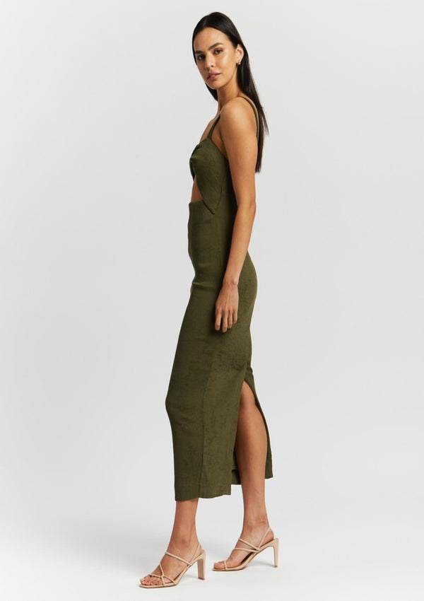 Simone Fitted Cut Out Midi Dress Olive